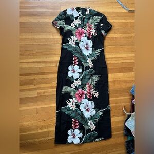 Vintage IOLANI Hawaiian aloha dress cheongsam M hibiscus black pink mandarin c